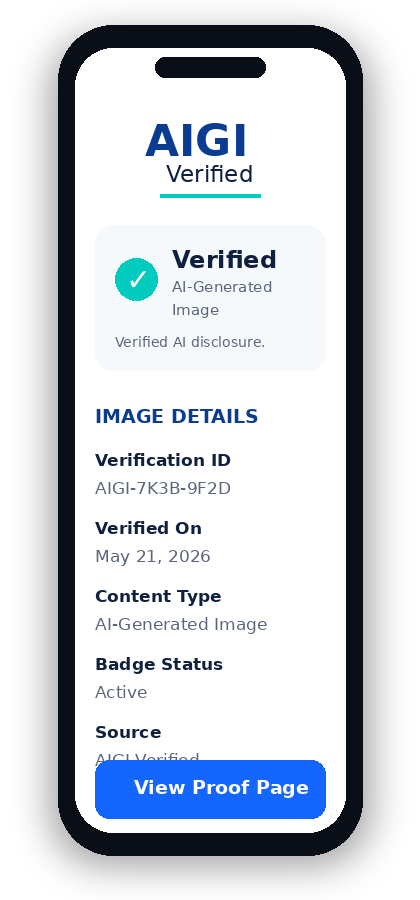 Phone mockup showing AIGI verification proof page