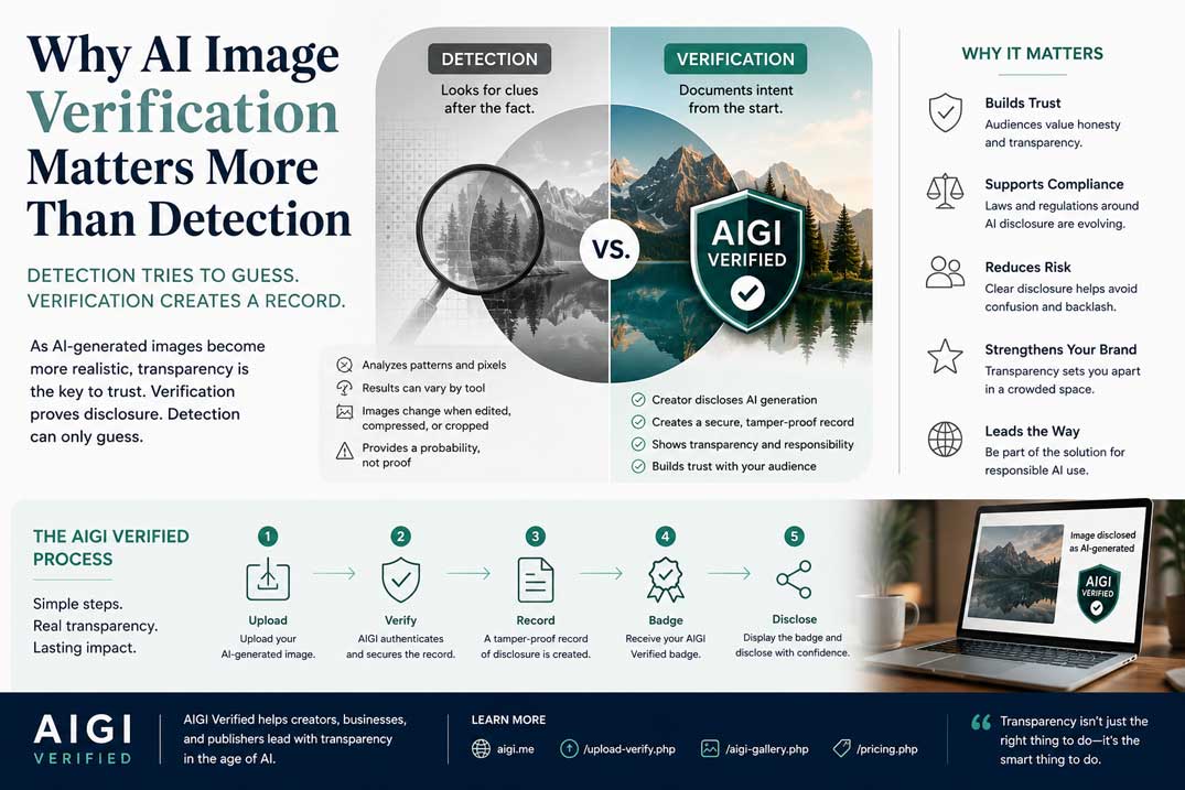 AIGI Verified process helping creators disclose AI-generated images with transparency and confidence
